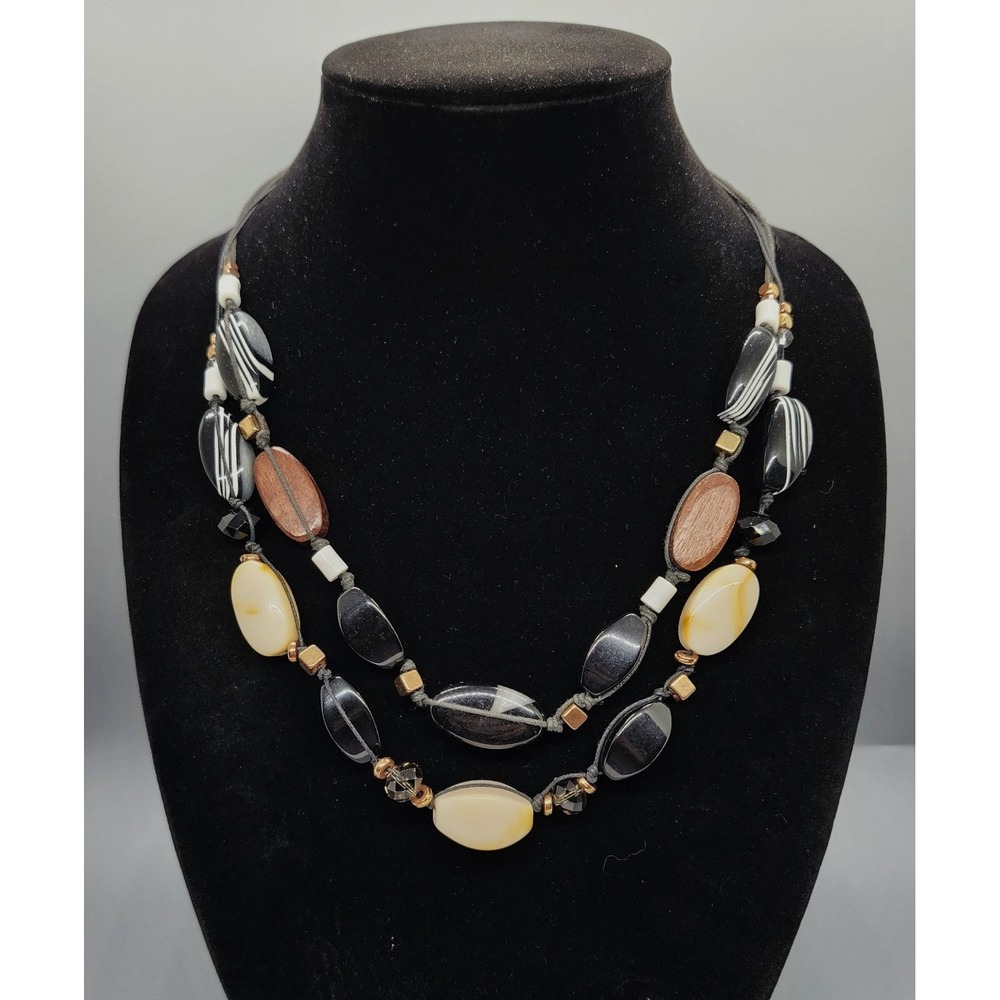 Chico's 1946 Multi Strand Beaded Statement Necklace Black White Brown Gold Tone